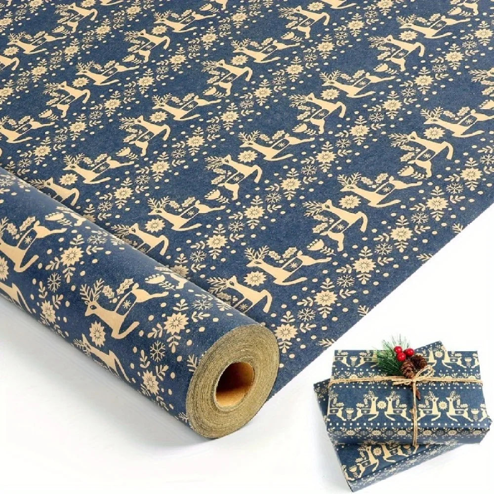 Rollo de papel de regalo navideño, copo de nieve, diseño de renos