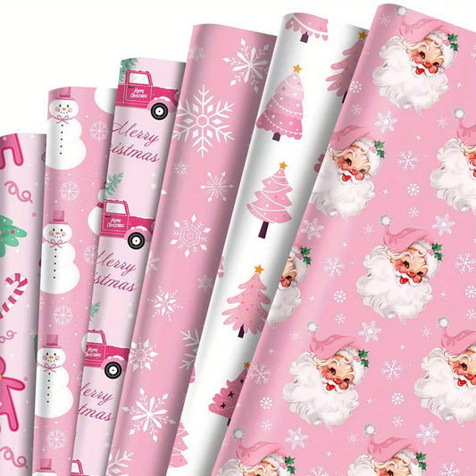 Juego de papel para envolver regalos de Navidad rosa, 6 uds.