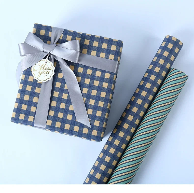 Papel de regalo Kraft clásico con entramado plegable de 50x70cm, embalaje de regalo azul, papel artesanal