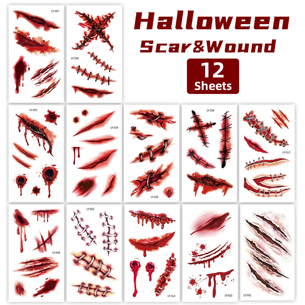 Tatuajes Temporales 3D de Cicatrices y heridas para Halloween - 12 Hojas,