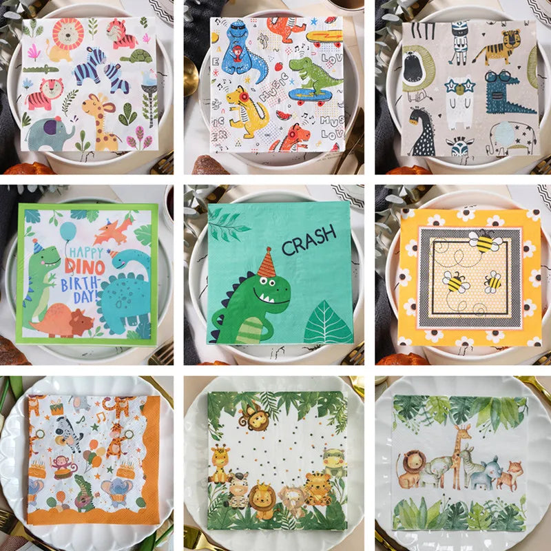 20 unids/pack de servilletas de papel con estampado de animales de dibujos animados, fiestas y decoupage