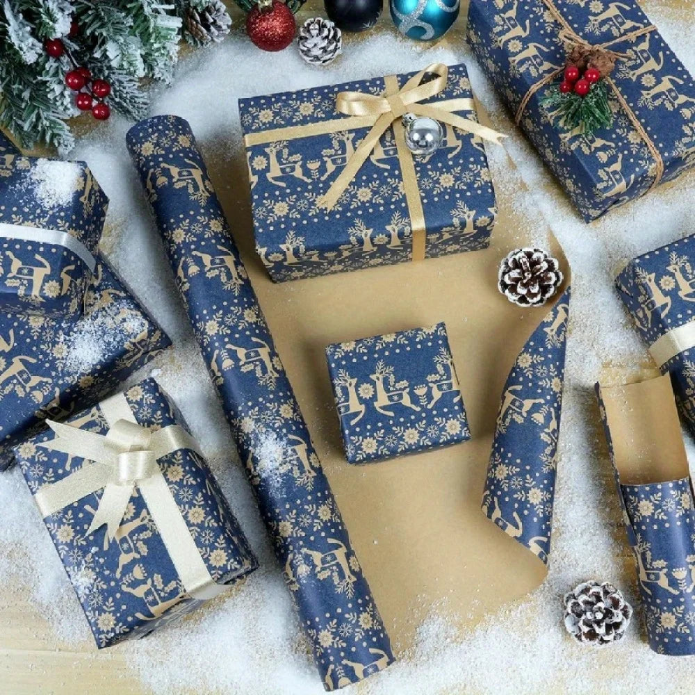 Rollo de papel de regalo navideño, copo de nieve, diseño de renos