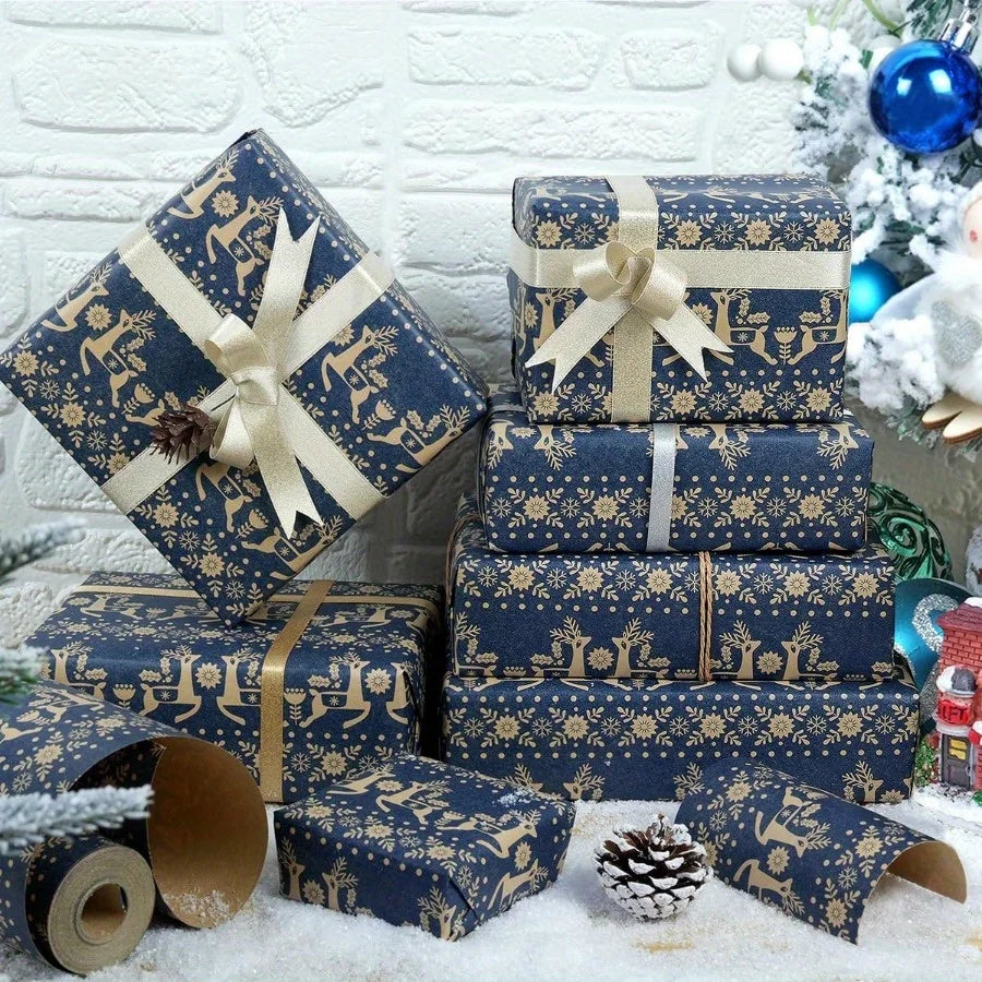 Rollo de papel de regalo navideño, copo de nieve, diseño de renos