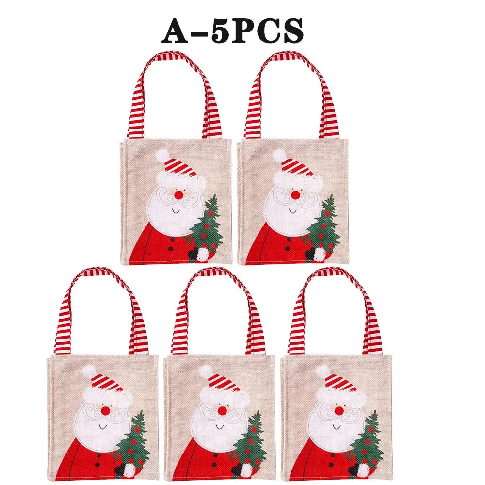 Bolsas de Navidad con estampado de muñeco de nieve y Papá Noel, de yute natural para regalo