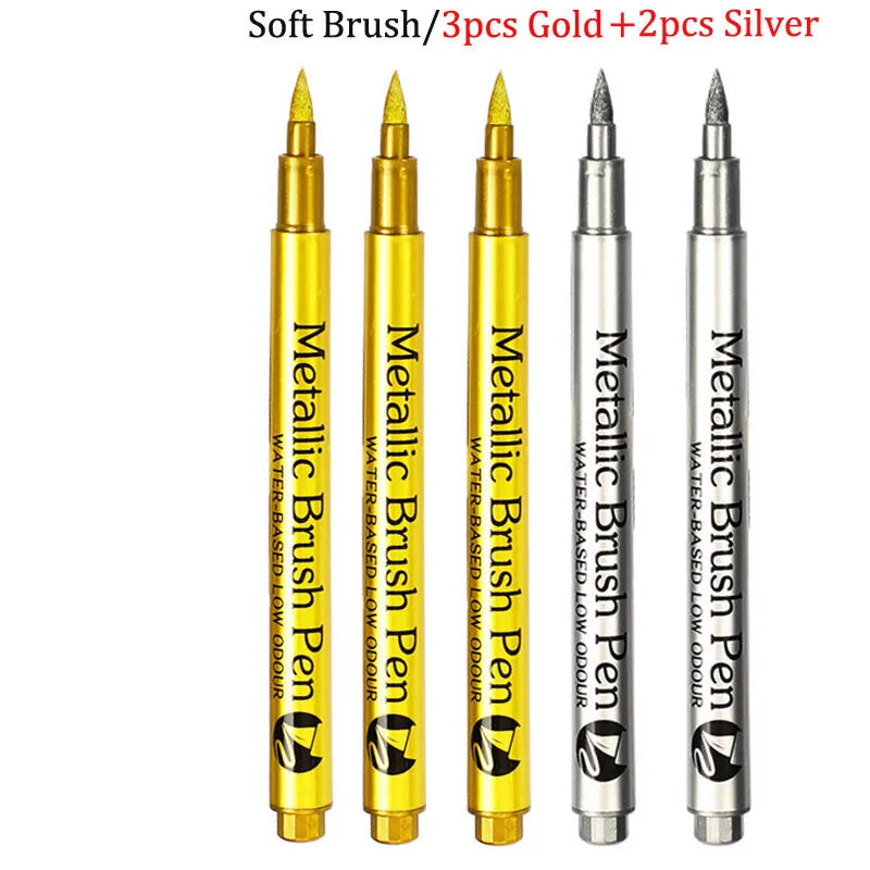Bolígrafos de pintura acrílica permanente plateada/dorada, para pintura en variadas superficies, de punta suave/dura de 1-5MM