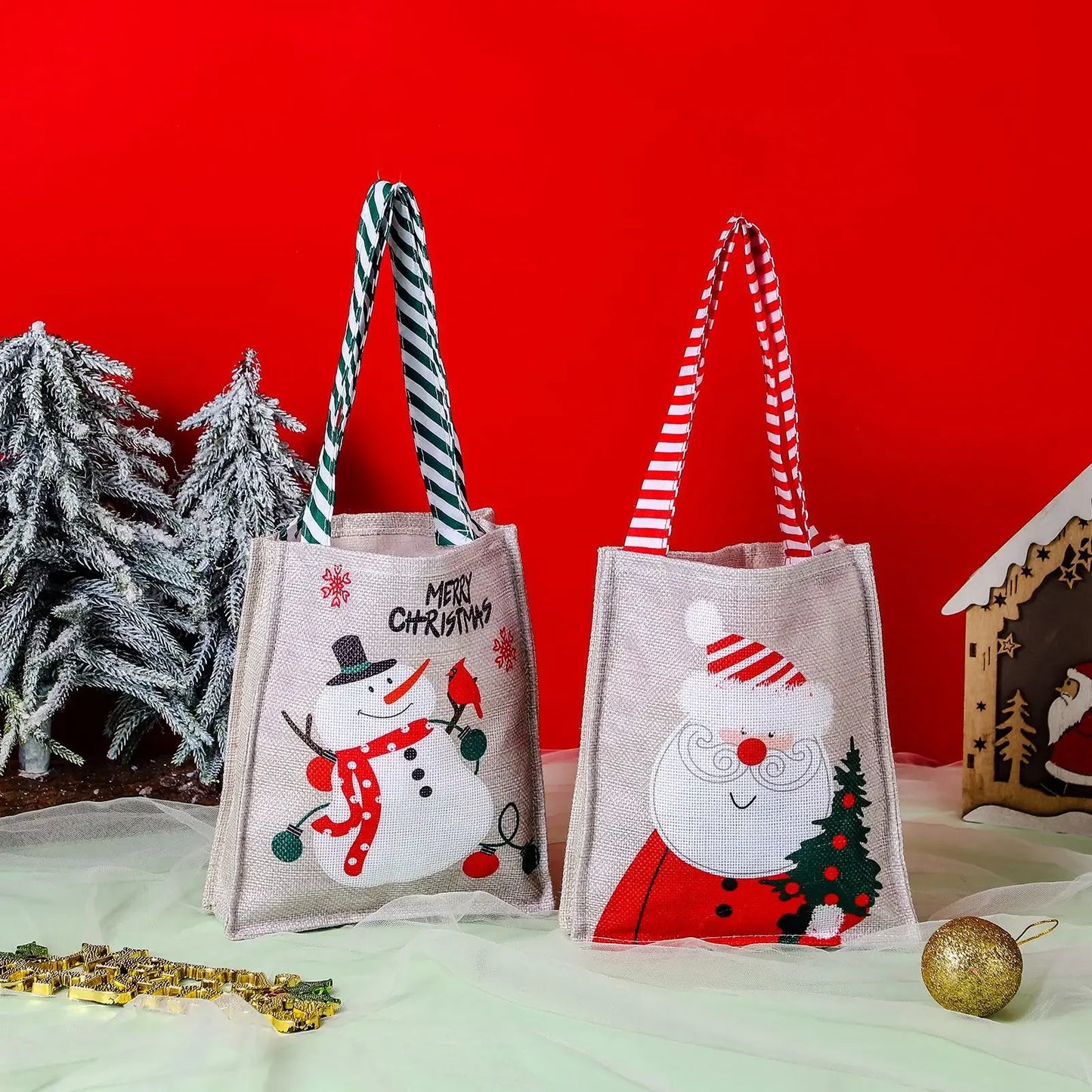 Bolsas de Navidad con estampado de muñeco de nieve y Papá Noel, de yute natural para regalo
