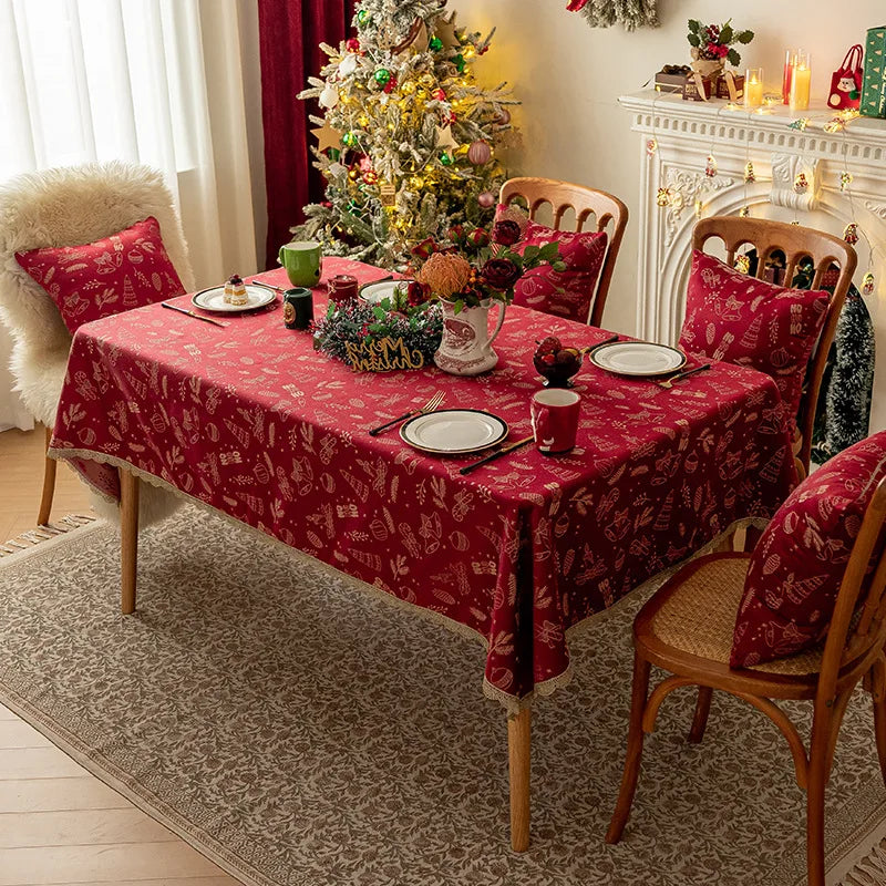 Mantel rojo navideño,  Jacquard, encaje dorado