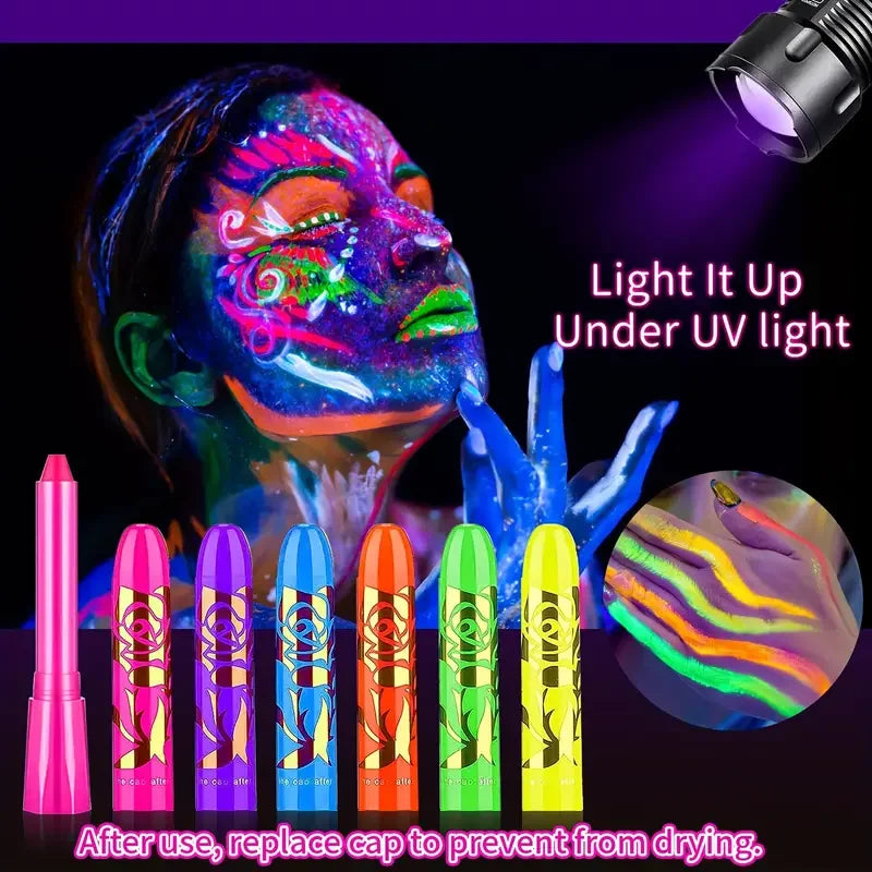 Kit de pintura facial y corporal con brillo UV de neón, crayones de maquillaje, 6 uds./12 Uds.