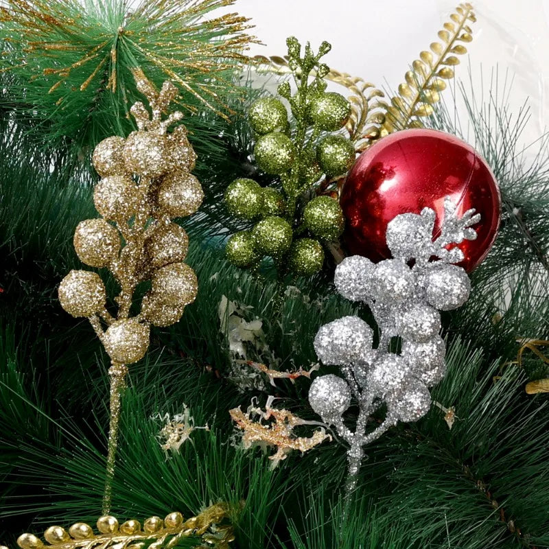 Brillo Artificial de Navidad, ramas de bayas rojas, polvo dorado, bayas de acebo, flores falsas, adornos de árbol de Navidad