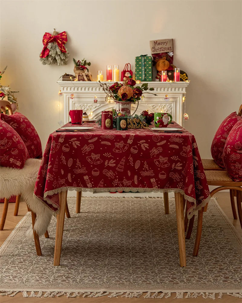 Mantel rojo navideño,  Jacquard, encaje dorado