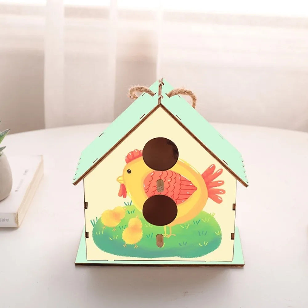 Casa para pájaros de madera con cuerda de cáñamo para colgar, pintar