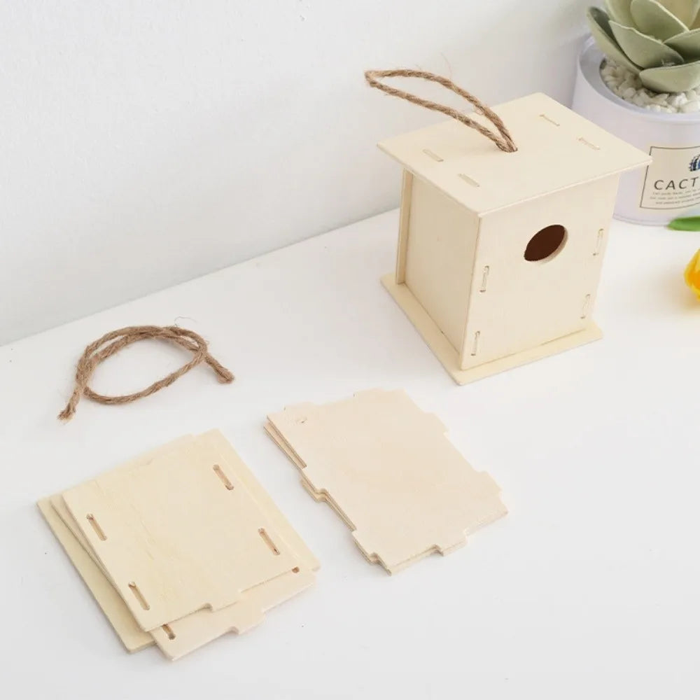Casa para pájaros de madera con cuerda de cáñamo para colgar, pintar
