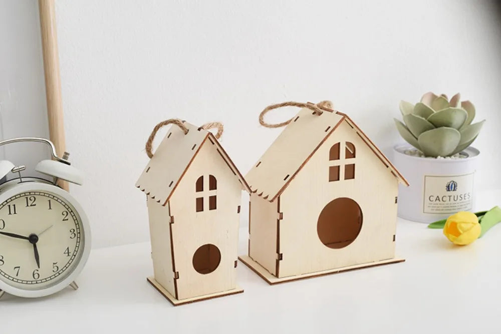Casa para pájaros de madera con cuerda de cáñamo para colgar, pintar