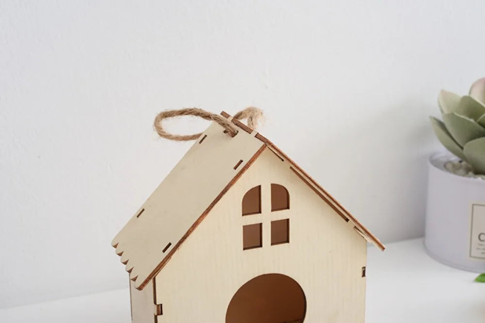 Casa para pájaros de madera con cuerda de cáñamo para colgar, pintar