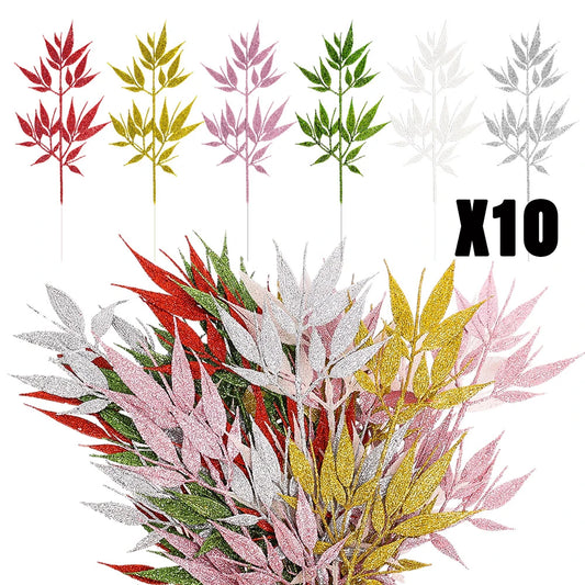 Plantas artificiales de Navidad con purpurina, polvo dorado, flores, hojas, ramas, adorno de árbol de Navidad, 10/1 piezas