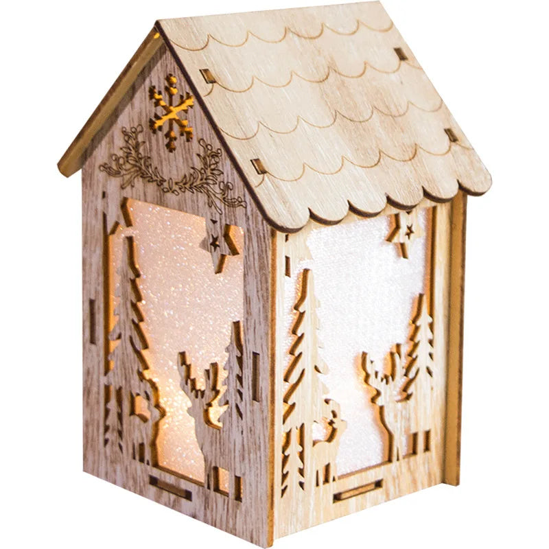 Casa iluminada de madera creativa, decoración de ventana de Navidad