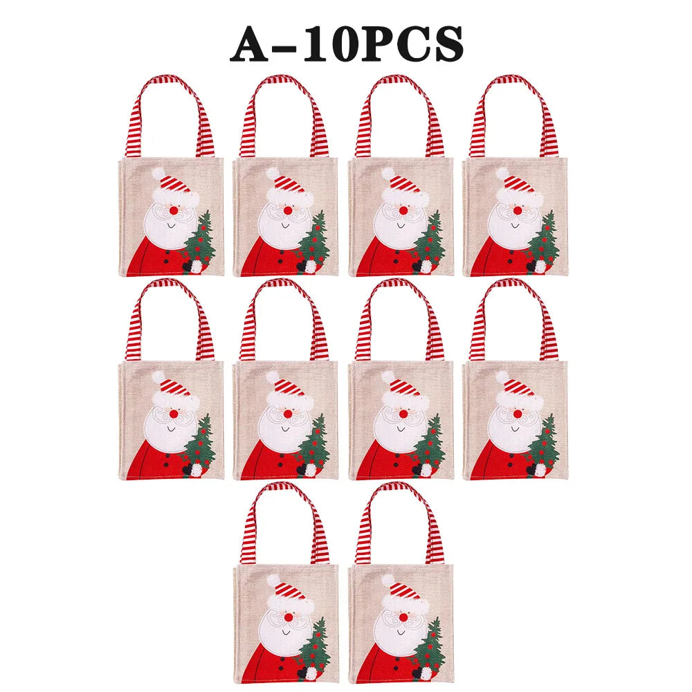 Bolsas de Navidad con estampado de muñeco de nieve y Papá Noel, de yute natural para regalo