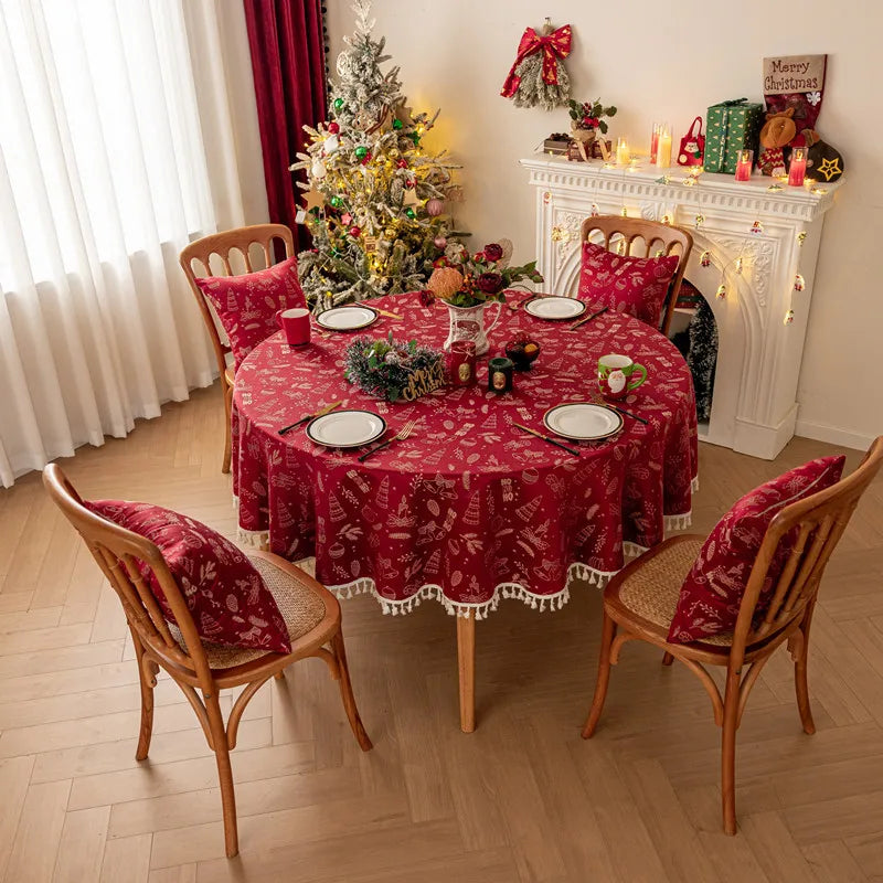 Mantel redondo navideño de Jacquard rojo, mantel impermeable con borde dorado de ciervo, con decoraciones de Navidad y forro de cojines