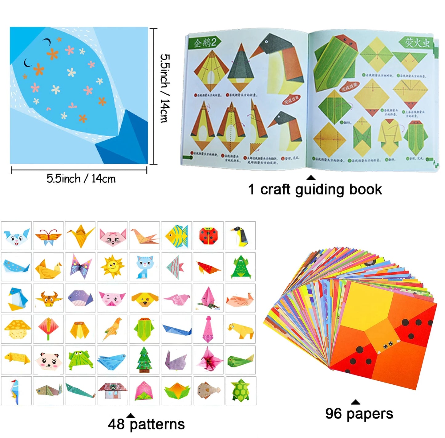 Kit de Origami, 30/96 hojas, libro guía artesanal de papel de Origami para principiantes