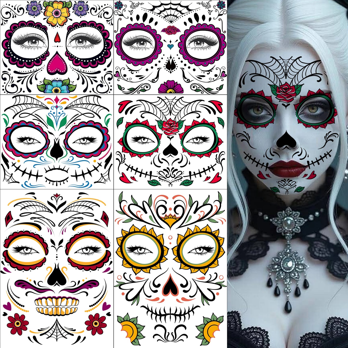 6 Hojas de Tatuajes Temporales para Halloween, Duraderos e Impermeables para Hombres y Mujeres