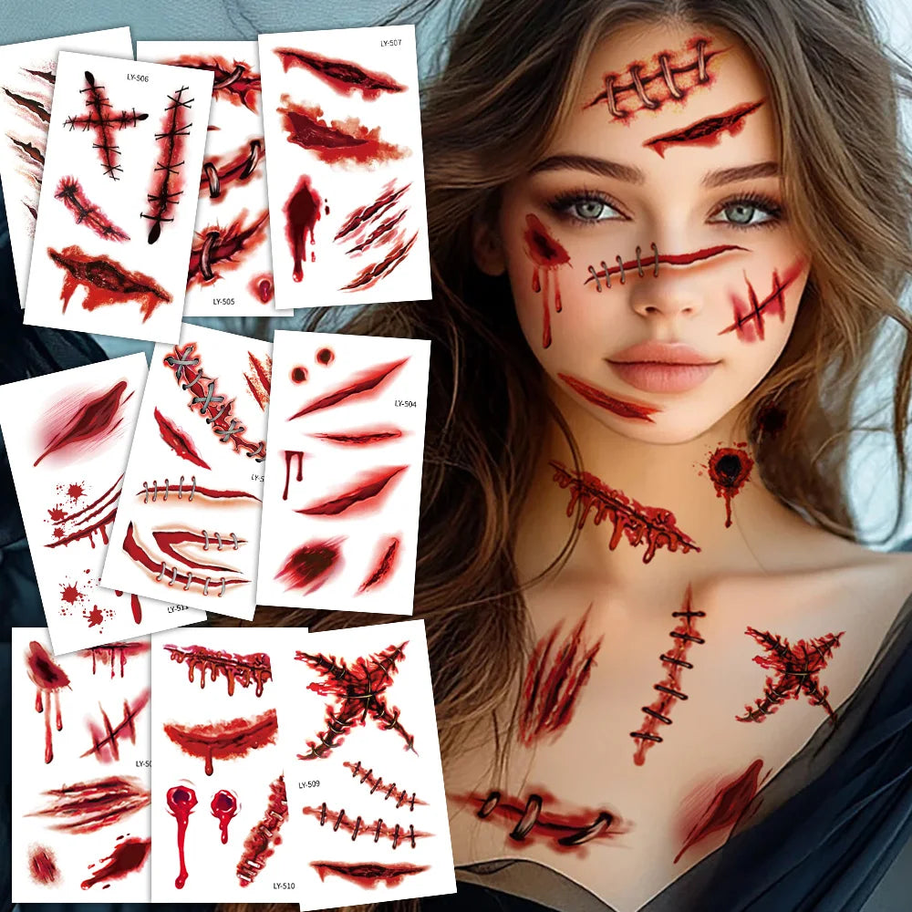 Tatuajes Temporales 3D de Cicatrices y heridas para Halloween - 12 Hojas,