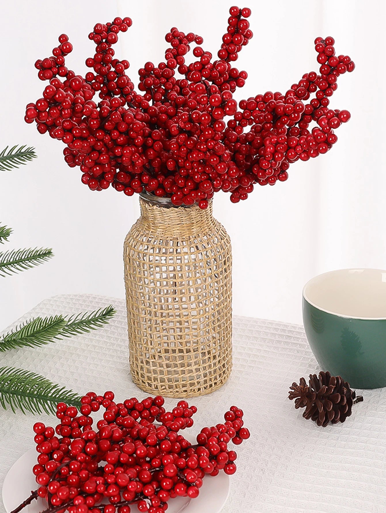 Simulación de bayas rojas artificiales, ramas de frutas navideñas para árbol de Navidad, adornos de mesa, decoración de corona