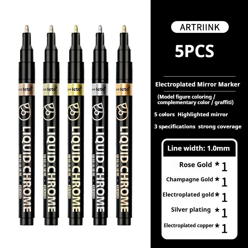 Bolígrafos de pintura espejo, tinta plateada, dorada y otros, punta de escritura de 1/2mm para modelo de Metal, madera, plástico y piedra, 1/6 Uds.