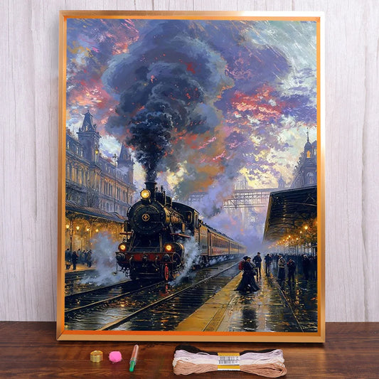 Paisaje tren de vapor preimpreso 11CT Kit de punto de cruz bordado