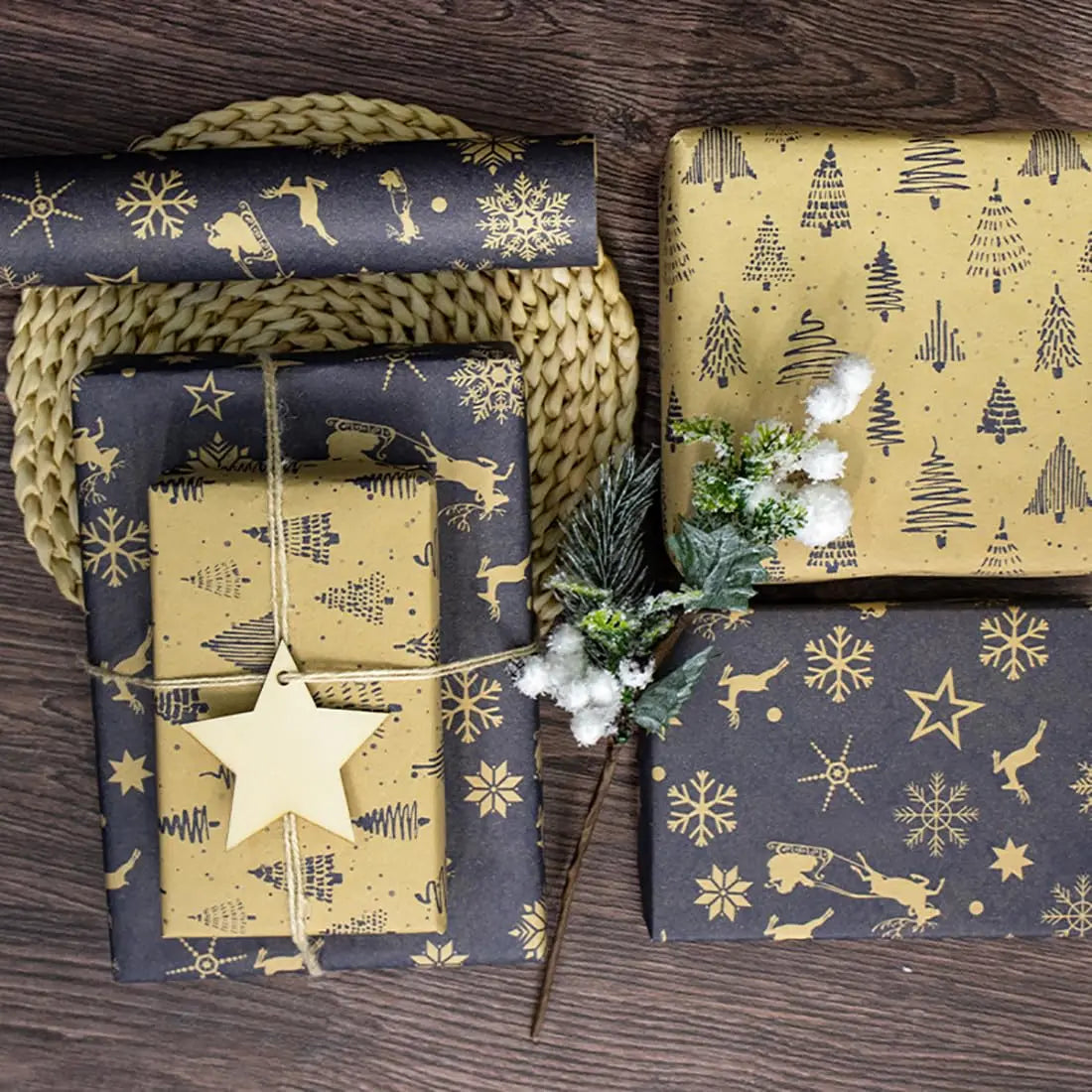 1 rollo de papel de regalo navideño reversible, papel kraft vintage azul marino y marrón de 44 cm pulgadas x 10 mts aprox.