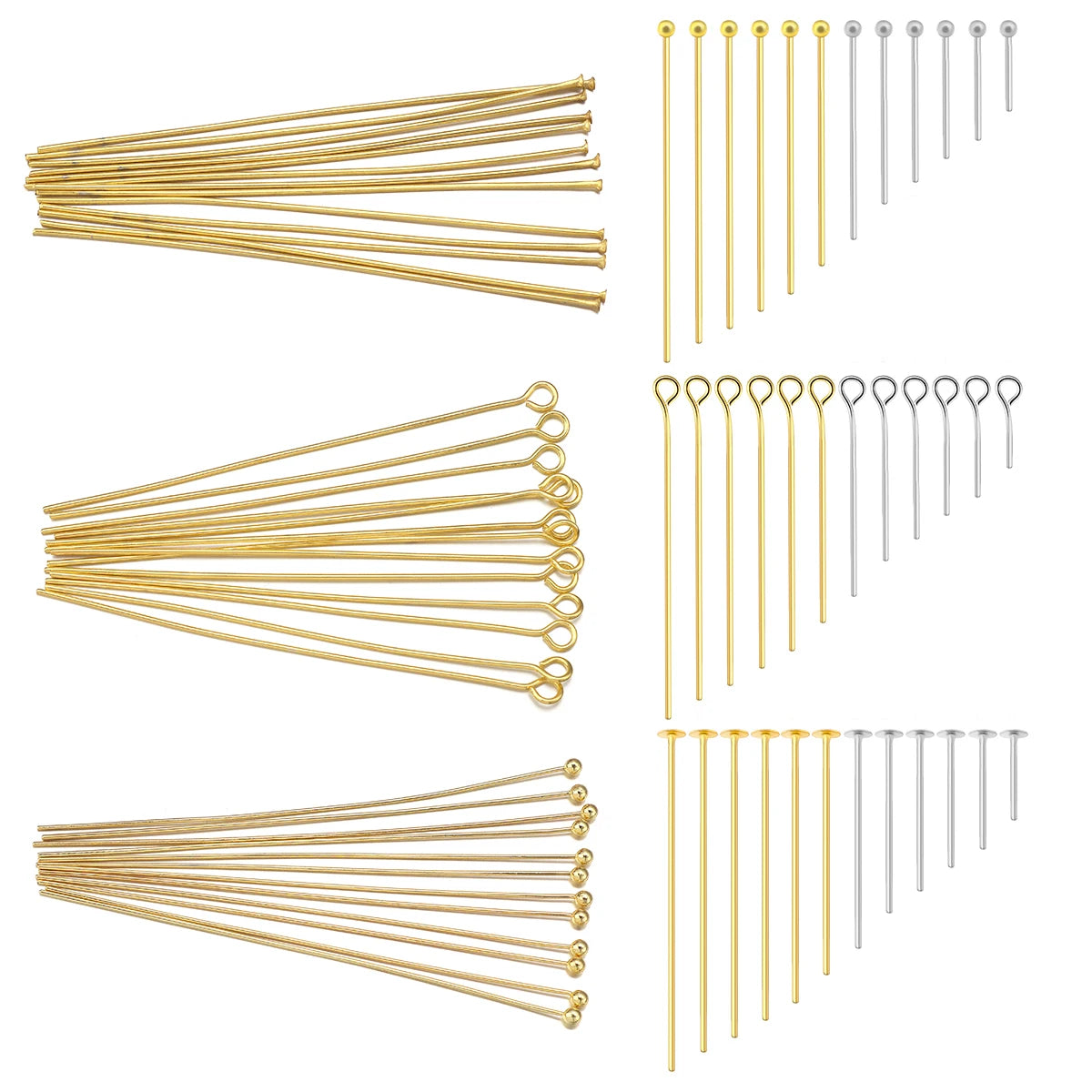 50-100 unids/lote 15-70mm alfileres de cabeza plana y de bola, de acero inoxidable y chapados en oro