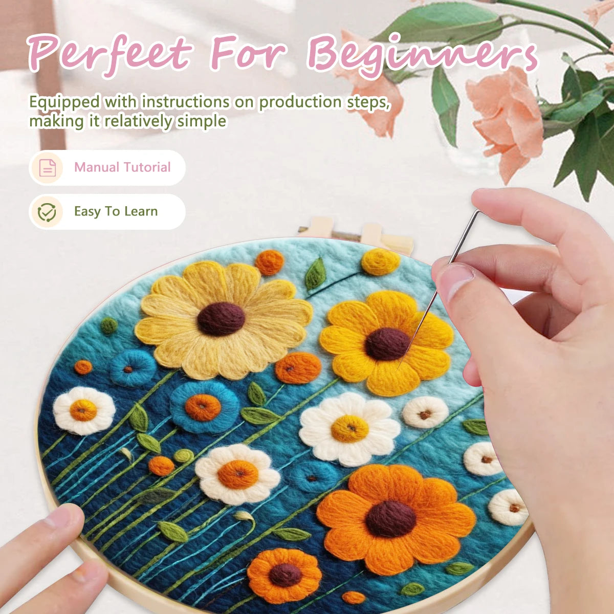 Kit de bordado de fieltro de lana, de flores del campo