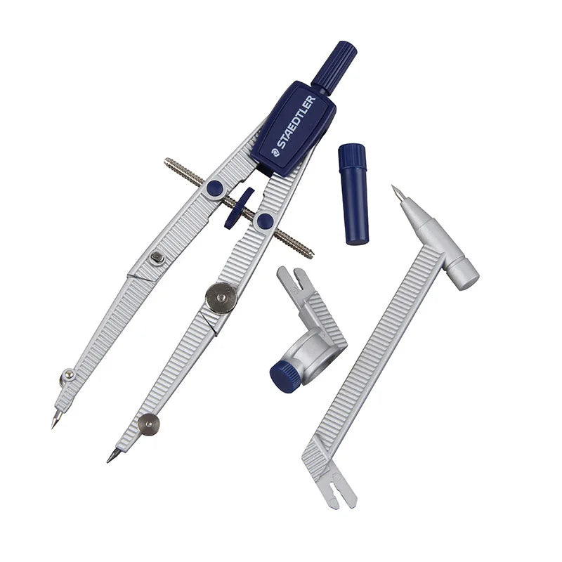 STAEDTLER 550 02 Noris Compás de metal con juego de ruedas centrales, barra de extensión, adaptador universal y herramienta de dibujo en caja