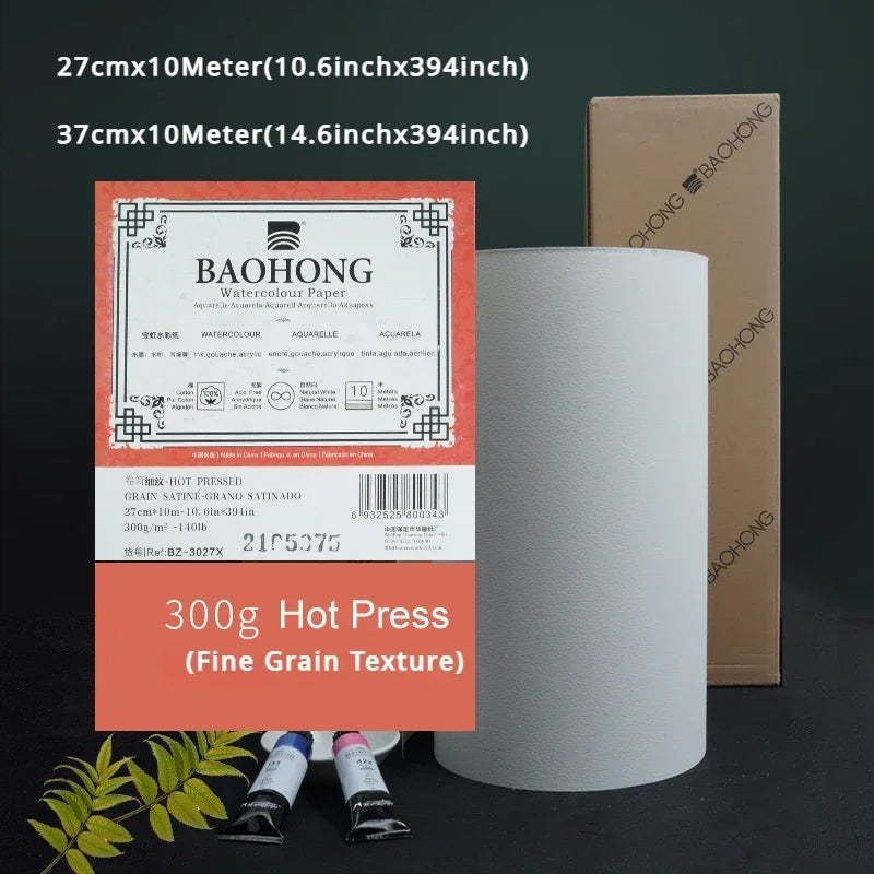 Rollo de papel de acuarela blanco natural, papel profesional, prensa en frío, rugoso, 100% algodón, 27 cm, 37 cm x 10 m, 300 g ﻿