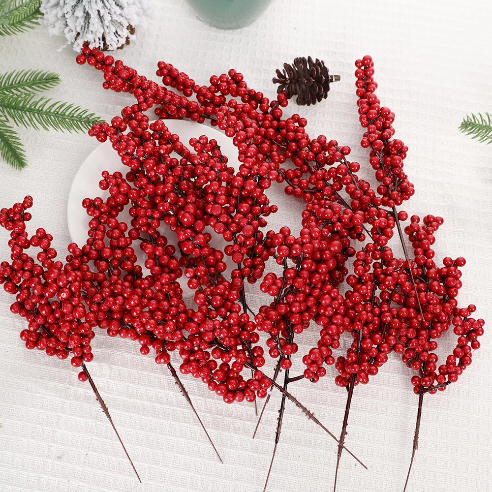 Simulación de bayas rojas artificiales, ramas de frutas navideñas para árbol de Navidad, adornos de mesa, decoración de corona