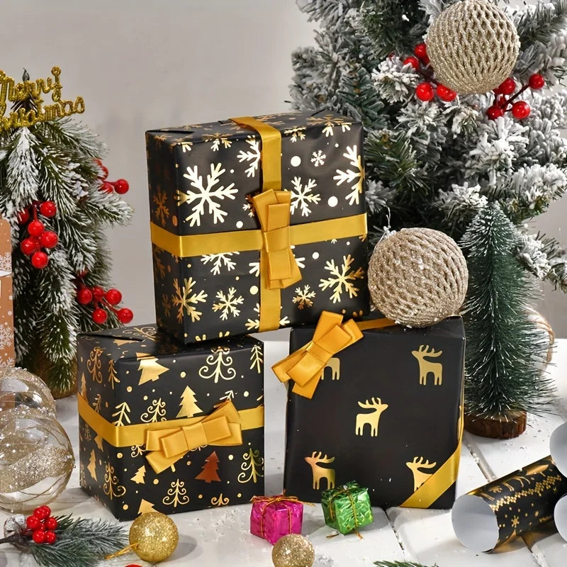 Paquete de 6 papel de regalo navideño de lámina negra y dorada