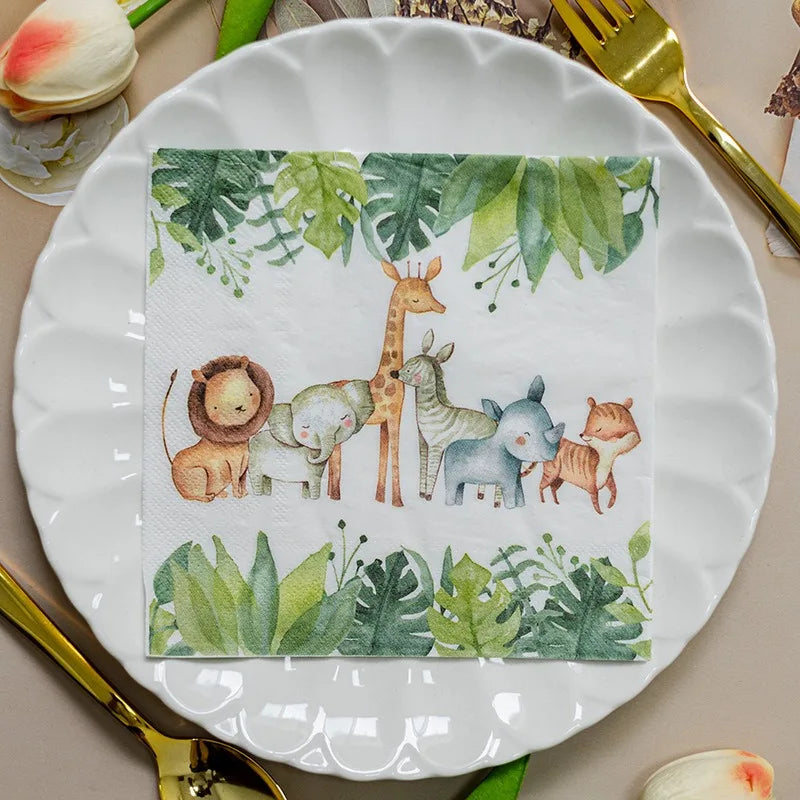 20 unids/pack de servilletas de papel con estampado de animales de dibujos animados, fiestas y decoupage