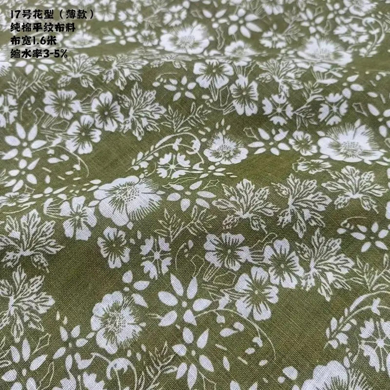Tela estampada de algodón puro por metros, textil fino, transpirable, Verde