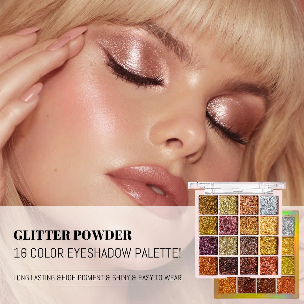 Paleta de sombra de ojos con purpurina de 16 colores, brillo multicolor, acabado de lentejuelas brillantes, maquillaje facial corporal, maquillaje para fiesta y escenario