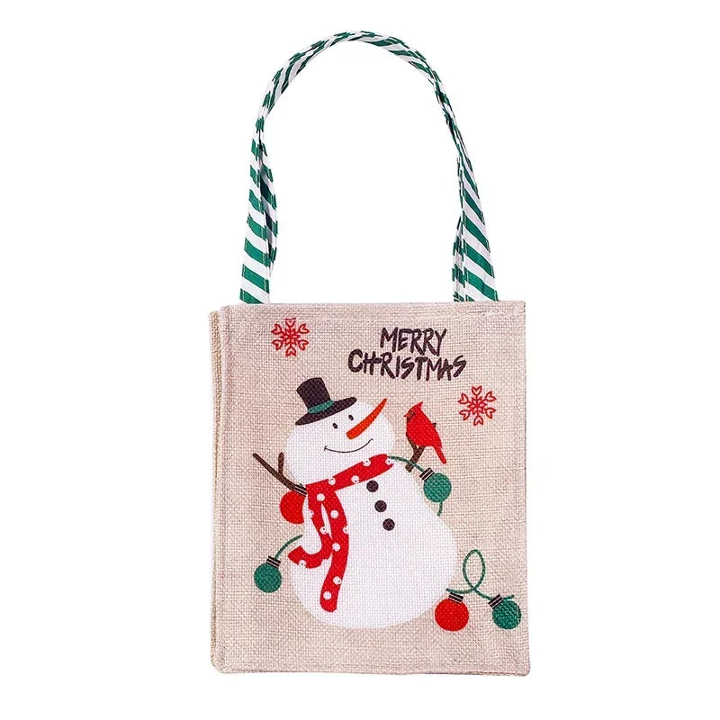 Bolsas de Navidad con estampado de muñeco de nieve y Papá Noel, de yute natural para regalo