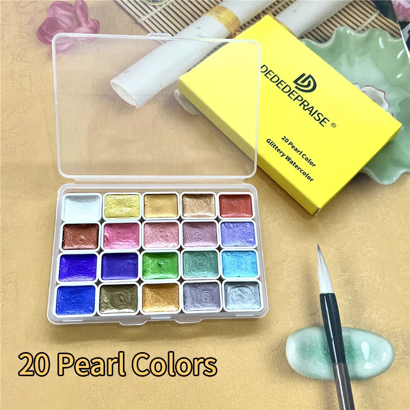 Juego de pinturas de Acuarela sólidas de 12 colores, pigmento nacarado texturizado, brillo metálico