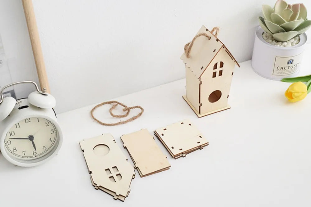 Casa para pájaros de madera con cuerda de cáñamo para colgar, pintar