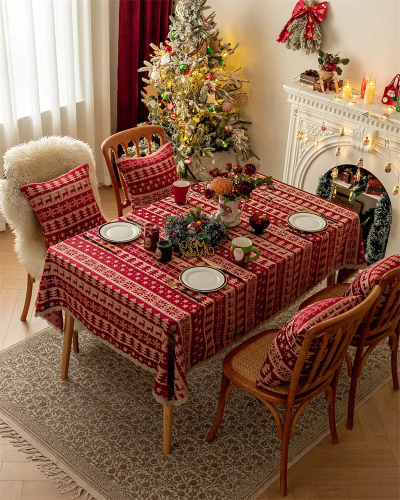 Mantel rojo navideño,  Jacquard, encaje dorado