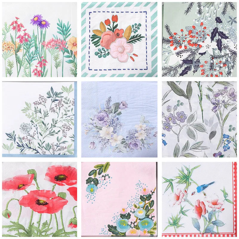 Paquete de 20 Servilletas de Papel Desechables con Diseño de Plantas y Flores, 33x33cm, Decoupage