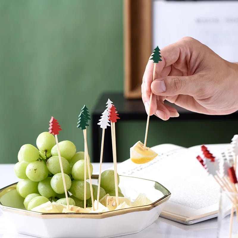 50 unids/set palitos de fruta de Navidad de bambú desechables