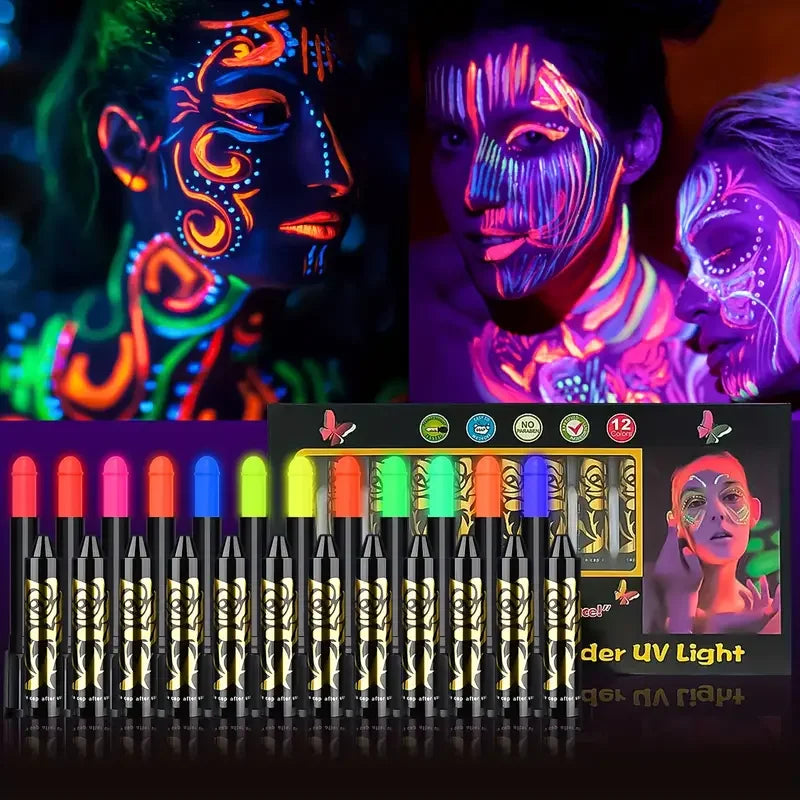 Kit de pintura facial y corporal con brillo UV de neón, crayones de maquillaje, 6 uds./12 Uds.