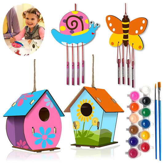 Kits de casas de pájaros para niños, manualidades de madera para fiestas de arte, pegatinas de pinceles para niños para construir y pintar