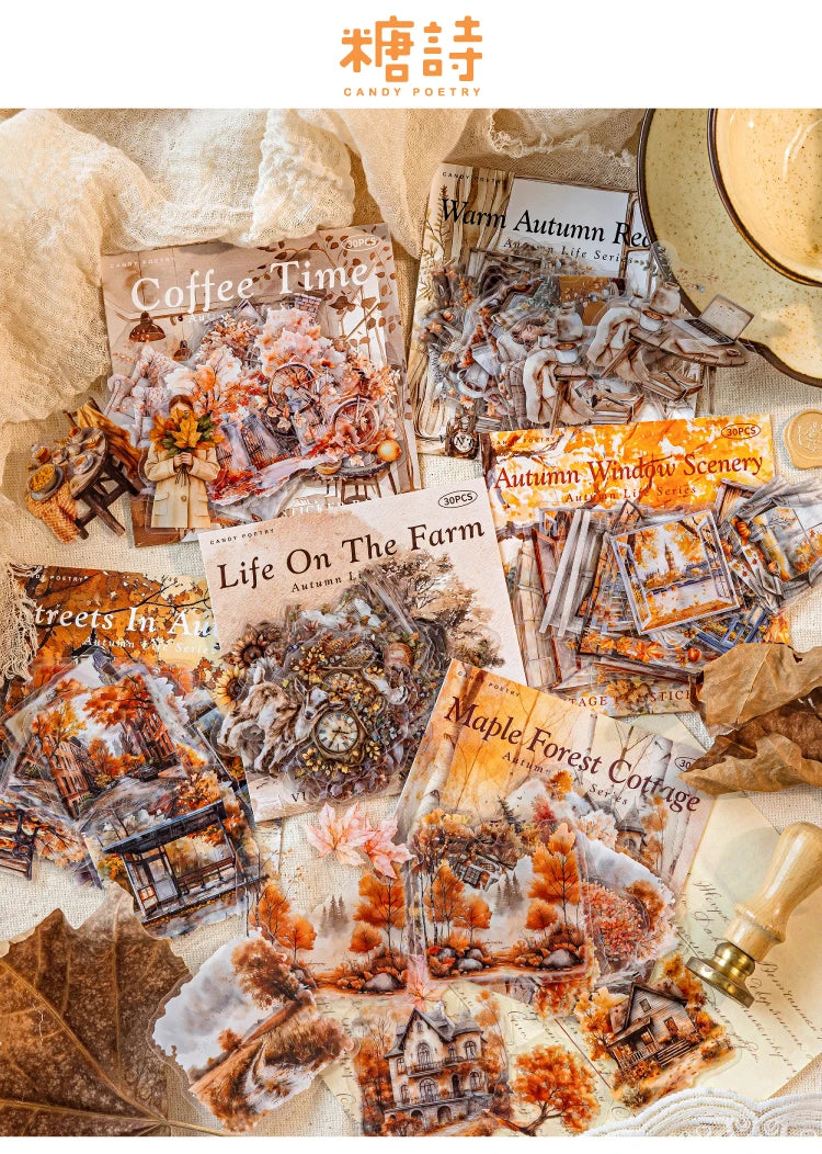 30 hojas de pegatinas de vida otoñal, Material decorativo creativo