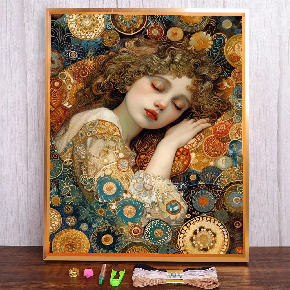 Kit de bordado estampado de niña entre flores, punto de cruz contado estampado de 11CT y 14CT