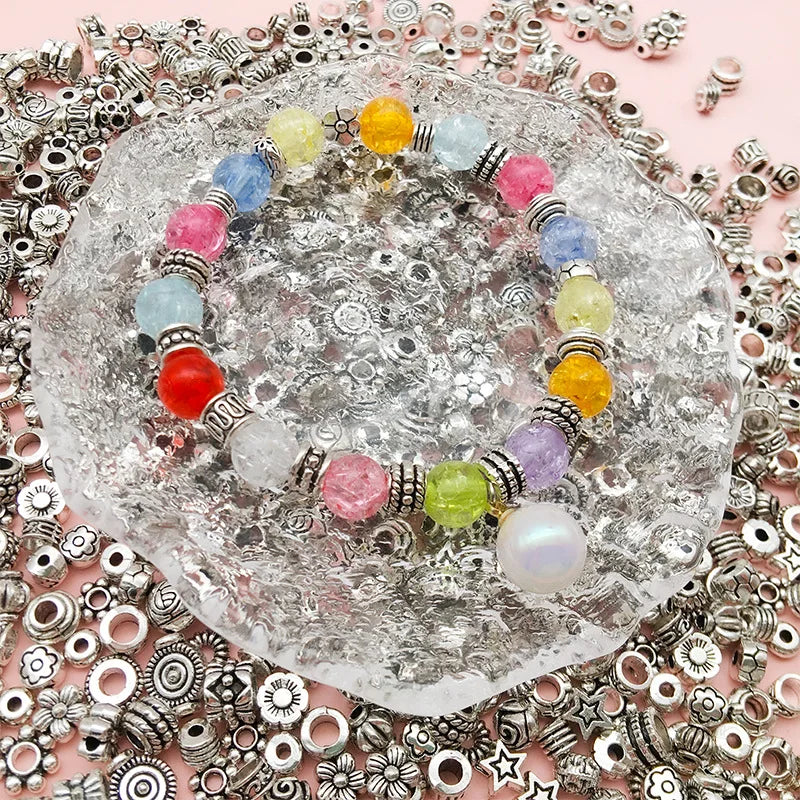Mostacillas Retro de pentagrama de flor elíptica, joyería de aleación de plata tibetana, 50 piezas