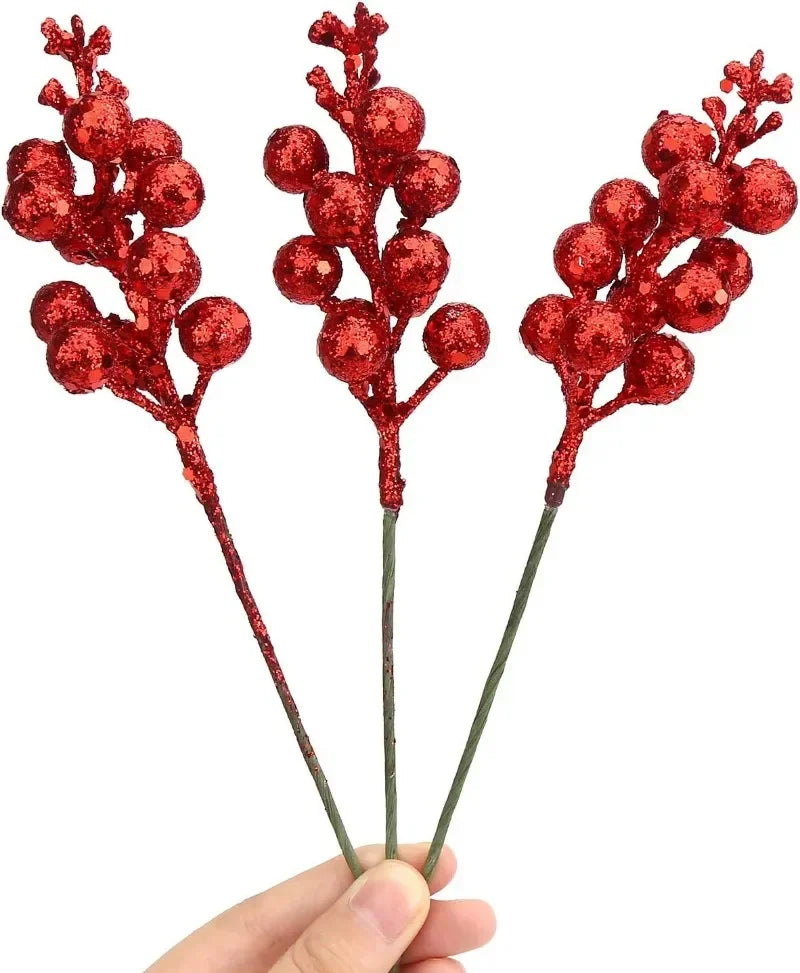 Brillo Artificial de Navidad, ramas de bayas rojas, polvo dorado, bayas de acebo, flores falsas, adornos de árbol de Navidad